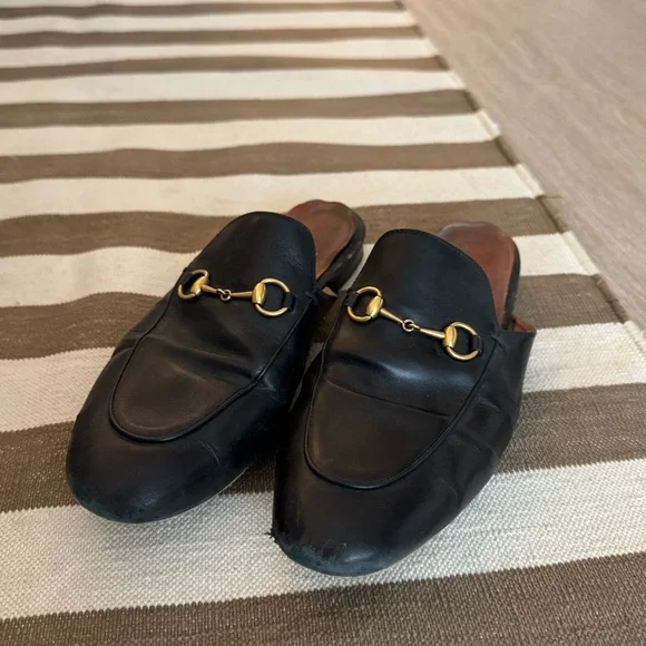 Gucci Black Leather Mules with Gold Detail - Picture 3 of 5